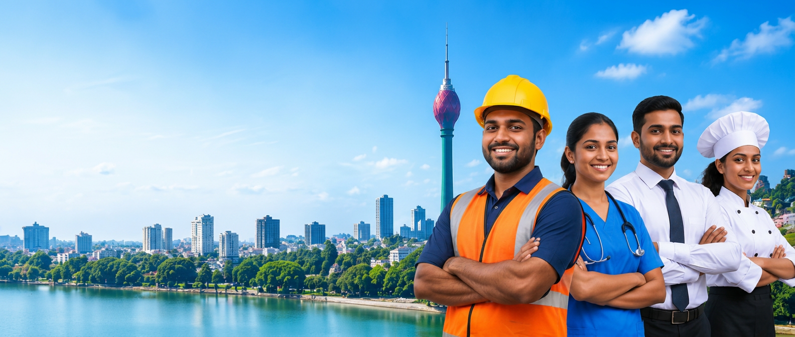 Sri Lankan workers – a construction worker, a nurse, an office professional and a chef – in front of the Colombo skyline and Lotus Tower